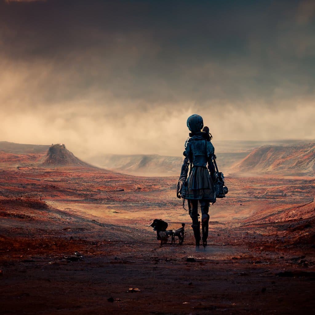 A digital illustration of a humanoid robot figure and a small robot dog standing on a reddish, barren landscape under a hazy, cloudy sky. The scene depicts a desolate, Mars-like environment with distant hills and a dramatic atmosphere.