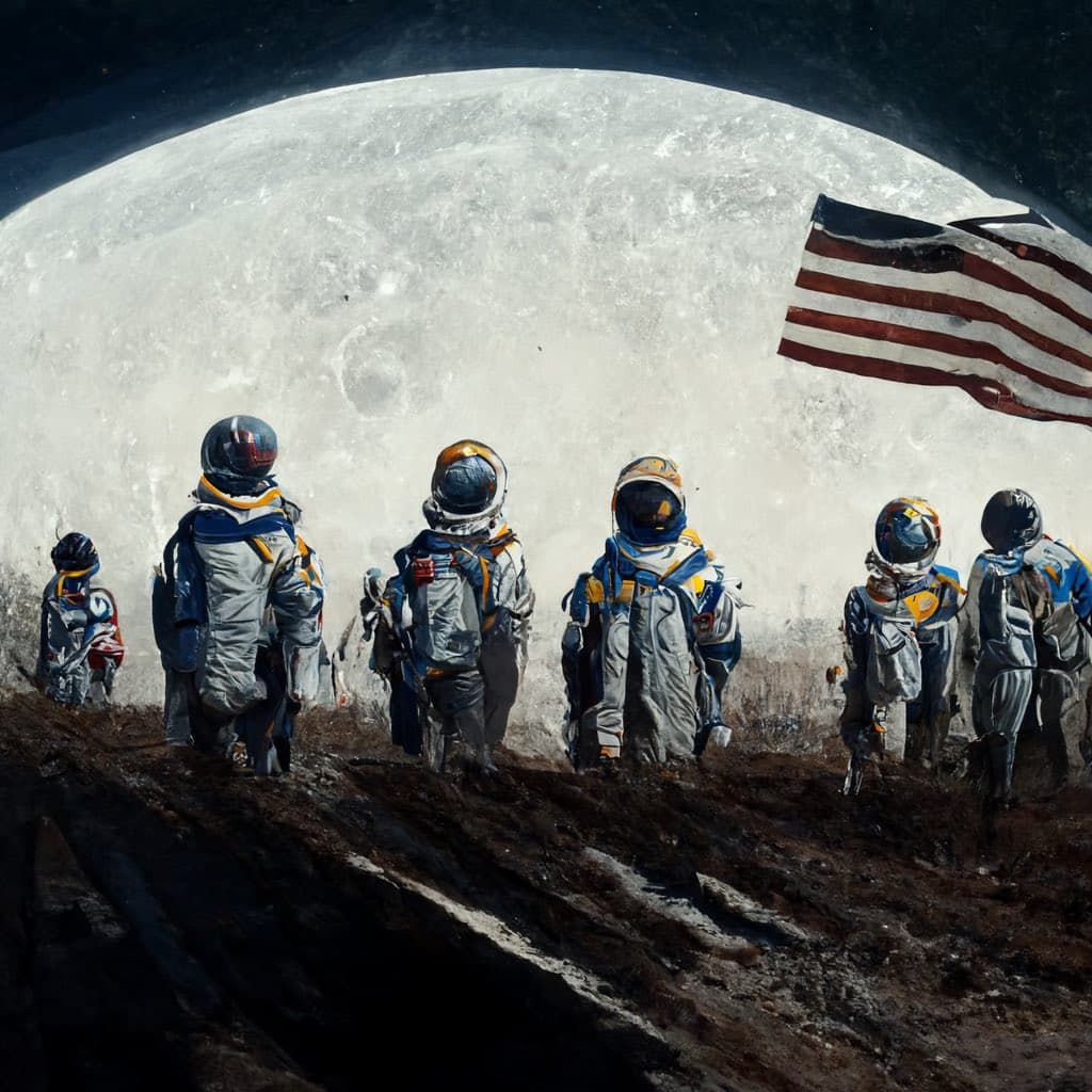 A digital illustration depicting a line of astronauts in spacesuits standing on a dark, cratered lunar surface, facing a large, bright moon and a waving American flag in the background.