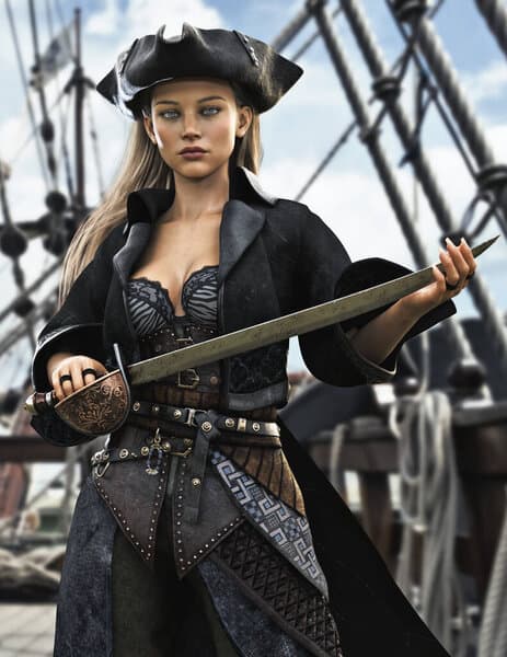 A digital illustration of a woman dressed in a pirate costume, including a tricorn hat, black coat, and corset, holding a cutlass sword. She stands on the deck of a ship with rigging visible in the background.