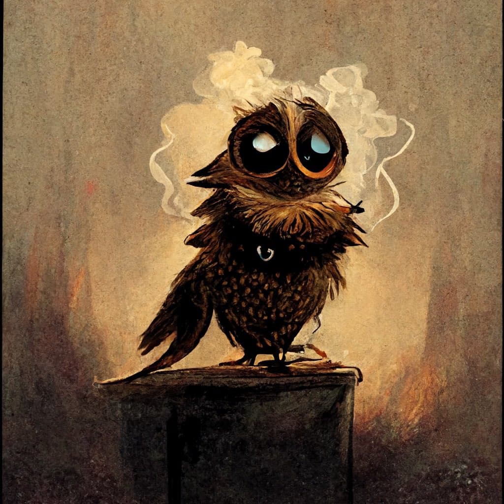 A digital painting of a small, fluffy brown owl with large, wide eyes and a teardrop, perched on a dark pedestal. Smoke or steam rises from behind the owl's head against a textured, sepia-toned background.