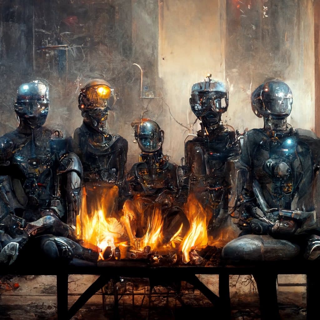 A digital illustration showing five humanoid robots sitting in a row around a burning campfire in a dimly lit, industrial setting.
