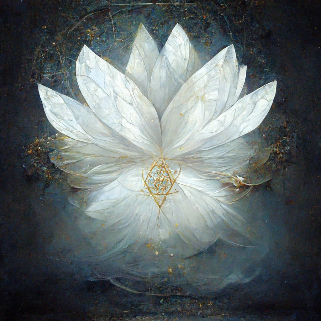 A painting of a white lotus flower blooming in dark water, featuring a golden geometric symbol at its center.
