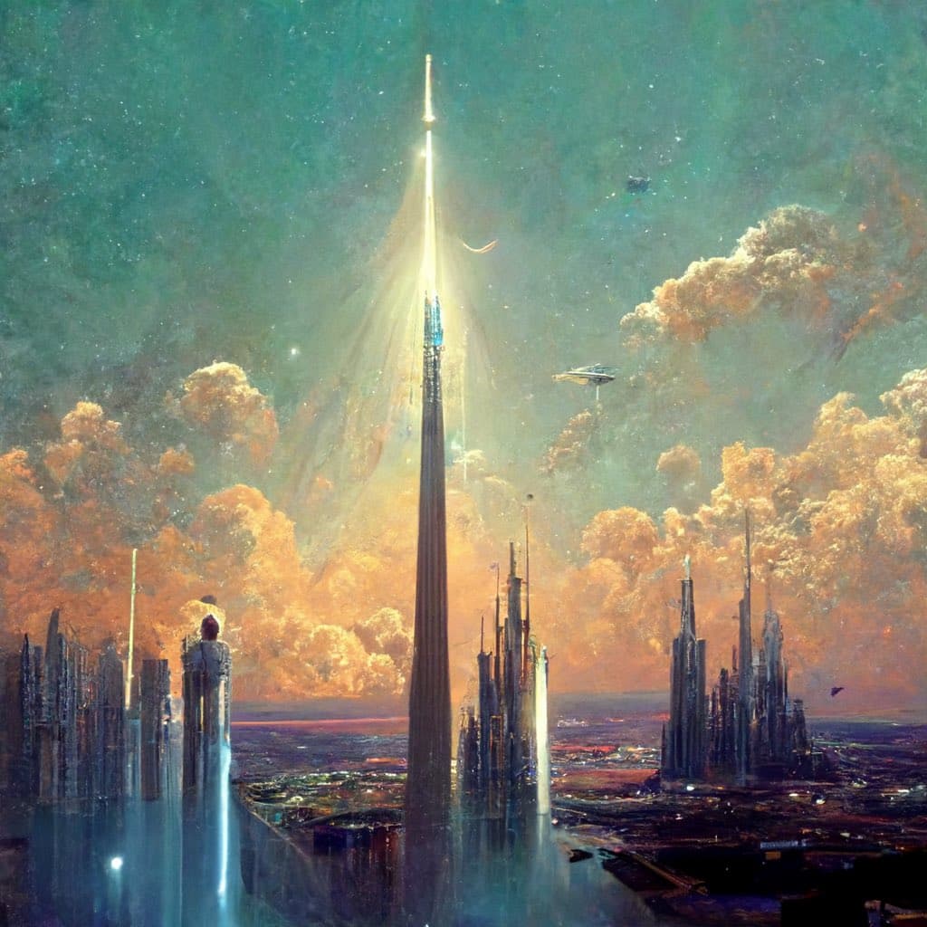 A digital painting of a futuristic cityscape featuring a towering central spire emitting a bright beam of light into a starry sky, surrounded by other skyscrapers and flying vehicles. The scene is set against a backdrop of dramatic, golden-hued clouds and a teal night sky.