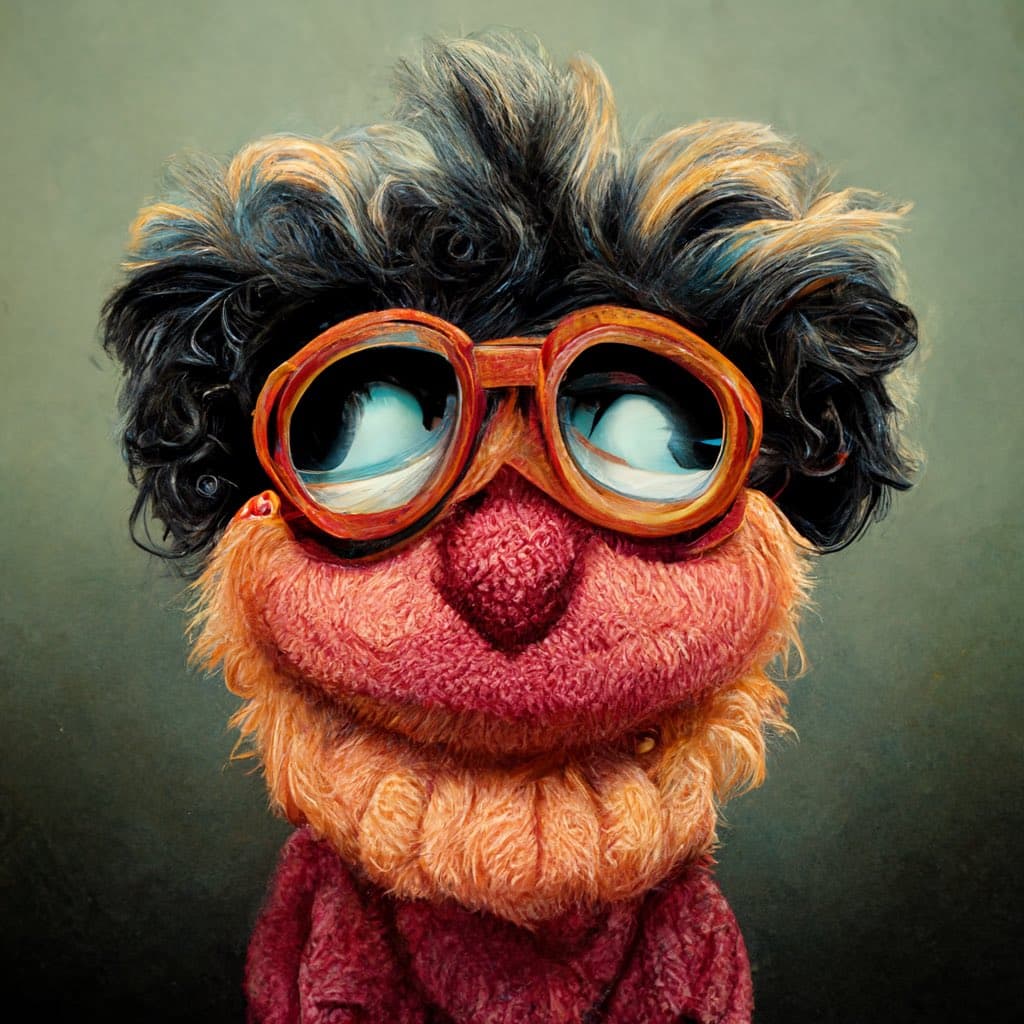 A close-up, AI-generated portrait of a furry, puppet-like character with a red face, orange beard, and messy black-and-brown hair. The character wears large, round orange glasses and has a wide, smiling expression against a muted green background.