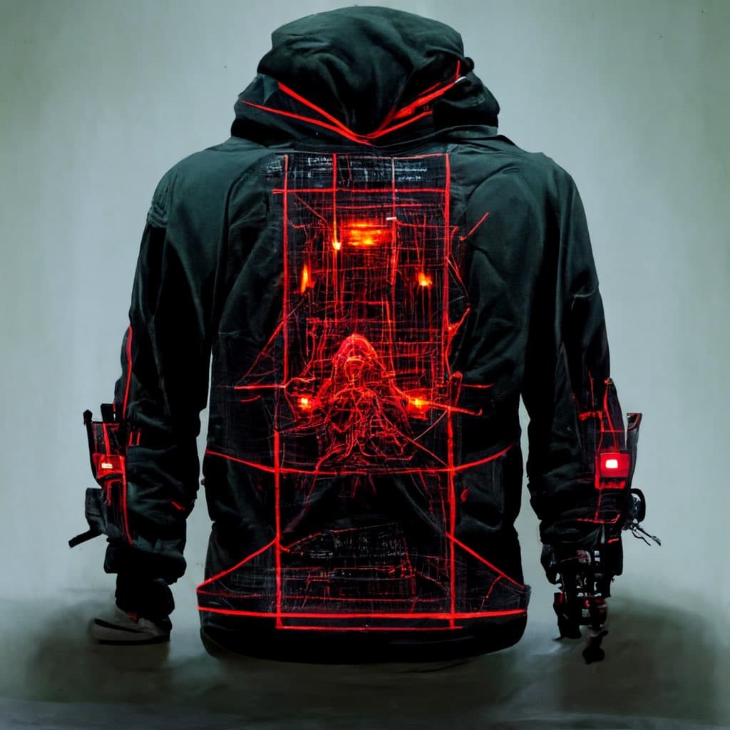 A digital rendering of a person viewed from behind, wearing a black hooded jacket with a glowing red, wireframe-style design on the back and sleeves.