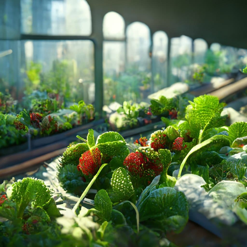 A close-up, eye-level view of a row of strawberry plants growing in a modern, indoor vertical farm. The image features bright green leaves and red strawberries in the foreground, with rows of similar plants and large, arched windows visible in the blurred background.