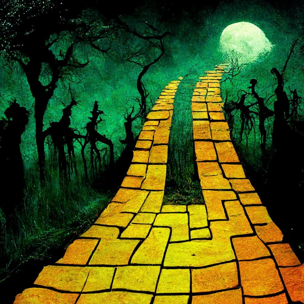 A digital illustration depicting a winding yellow brick road leading through a dark, eerie forest toward a large, glowing full moon. The scene is rendered in a stylized, painterly manner with silhouetted trees and a greenish night sky.