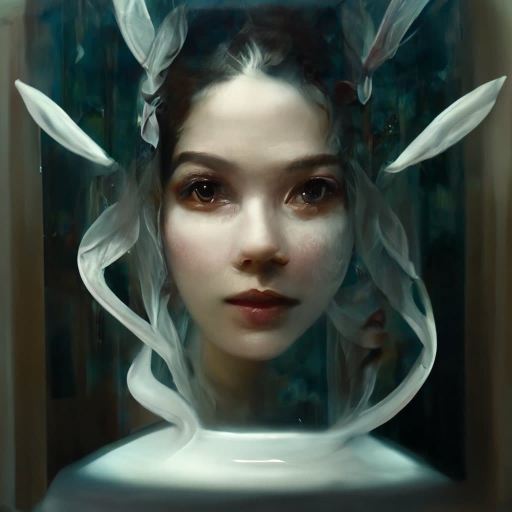 A surreal, AI-generated portrait of a person with pale skin and dark hair, featuring ethereal white, leaf-like tendrils extending from their head and neck against a dark, textured background.