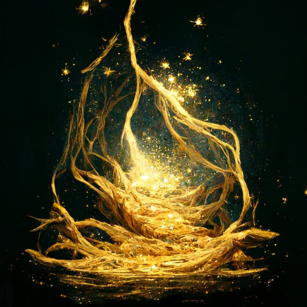 A digital artwork depicting a glowing, golden bird's nest formed from twisted, root-like strands against a dark, starry background. The nest is illuminated from within by a bright, sparkling light, with small particles of light floating around it.