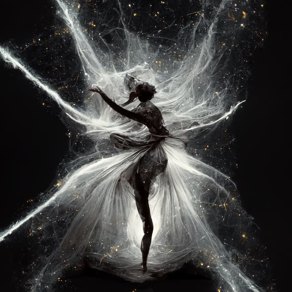 A surreal, black-and-white digital artwork depicting a dancer in a flowing gown, surrounded by swirling, ethereal white smoke and golden particles against a dark background.