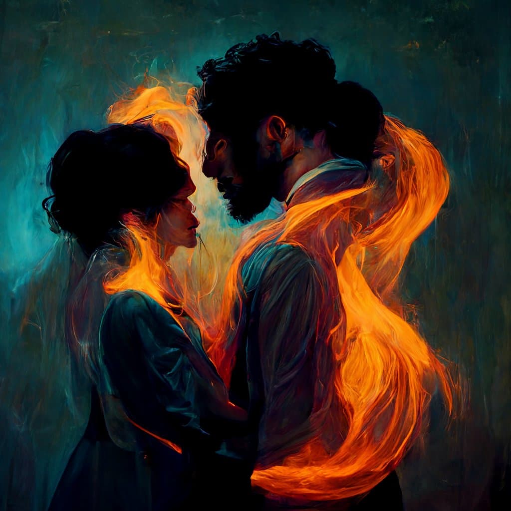 A digital painting of a man and a woman standing face-to-face in a close, intimate pose, with their hair and clothing appearing to be made of or engulfed in bright orange flames against a dark, teal background.