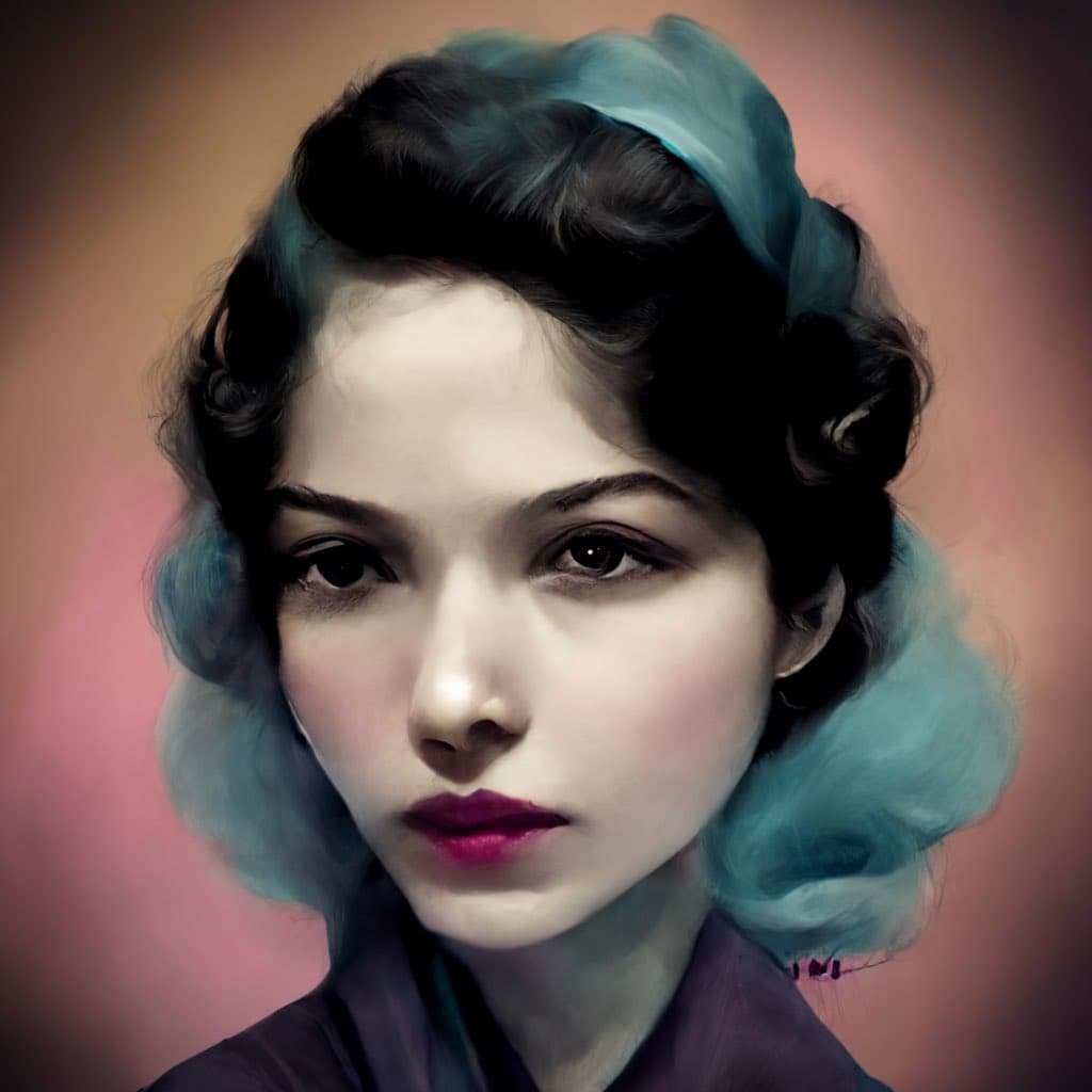 A digital painting of a young woman with dark, wavy hair featuring blue highlights, styled in a vintage updo. She has fair skin, dark eyes, and red lipstick, and is wearing a dark purple collared garment against a soft pink and brown gradient background.