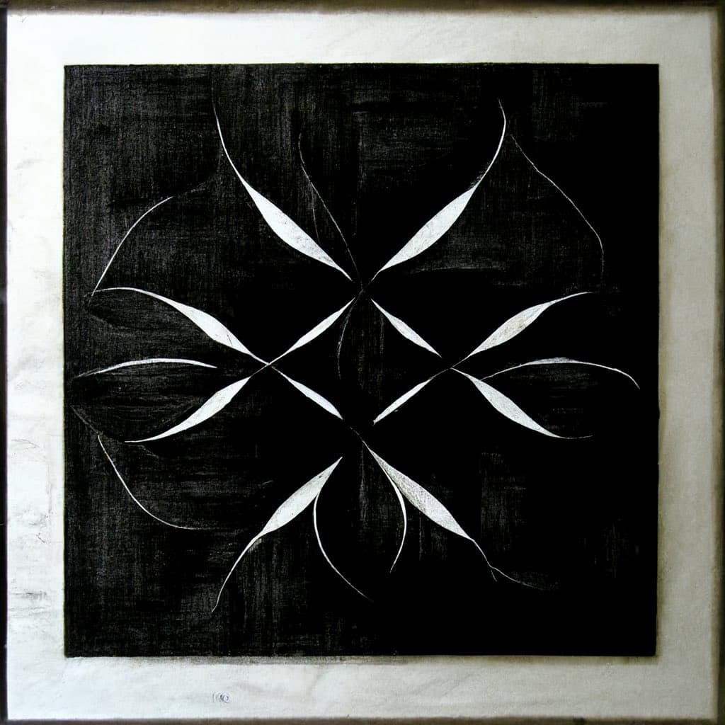 A framed piece of abstract art featuring a black background with a symmetrical, white, flower-like pattern composed of curved, petal-like shapes.