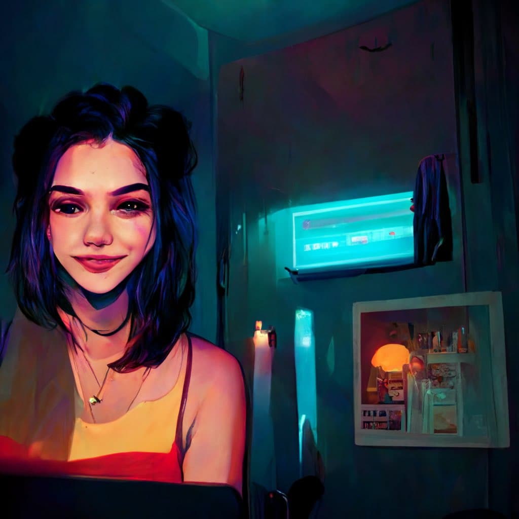 A digital illustration of a young woman with dark hair in space buns, wearing a yellow top and a choker, sitting in a dimly lit room with neon blue and pink lighting. The background features a glowing computer monitor and a lit window looking into another room.
