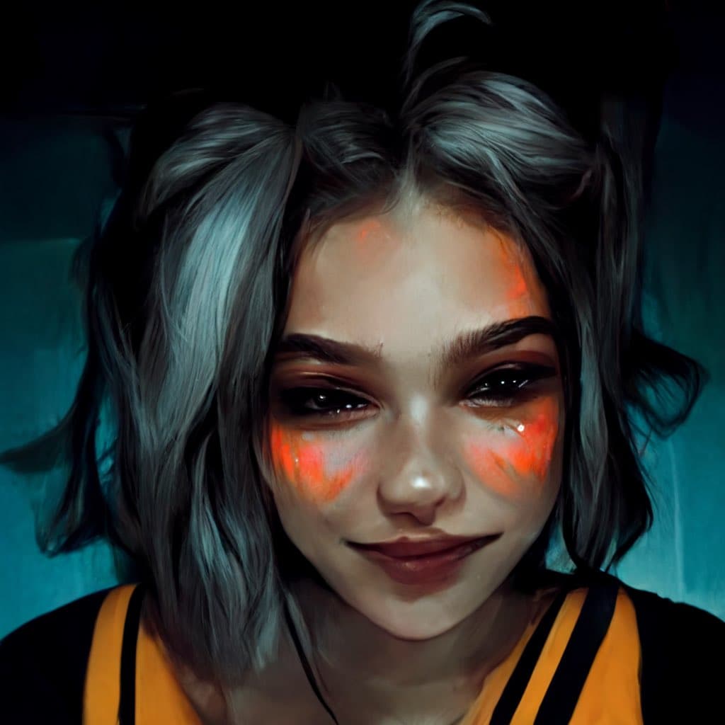 A digital painting of a young woman with gray hair in pigtails, wearing an orange and black top, with bright orange paint on her cheeks and forehead. The image has a dark, moody background with blue lighting.
