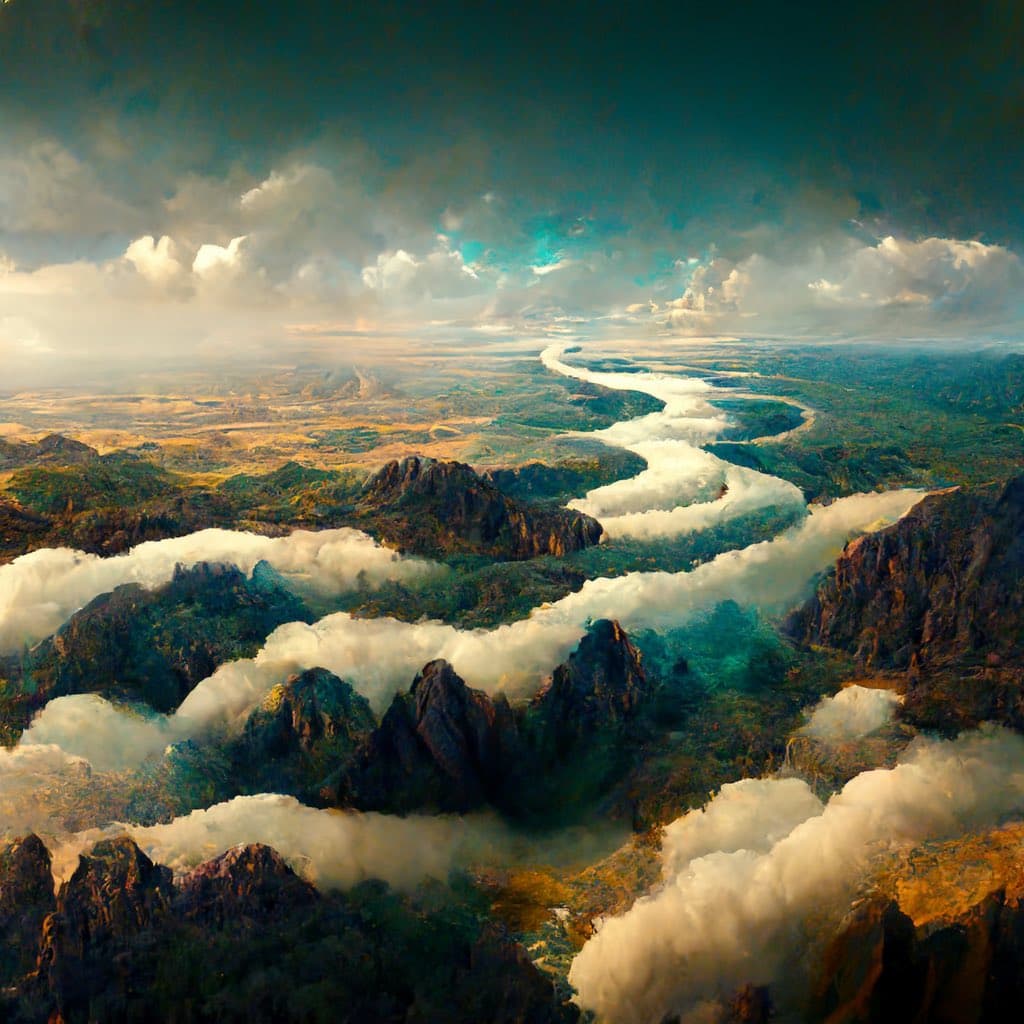 A digital landscape illustration depicting a winding river of white clouds flowing through a rugged, mountainous terrain under a dramatic, cloudy sky.