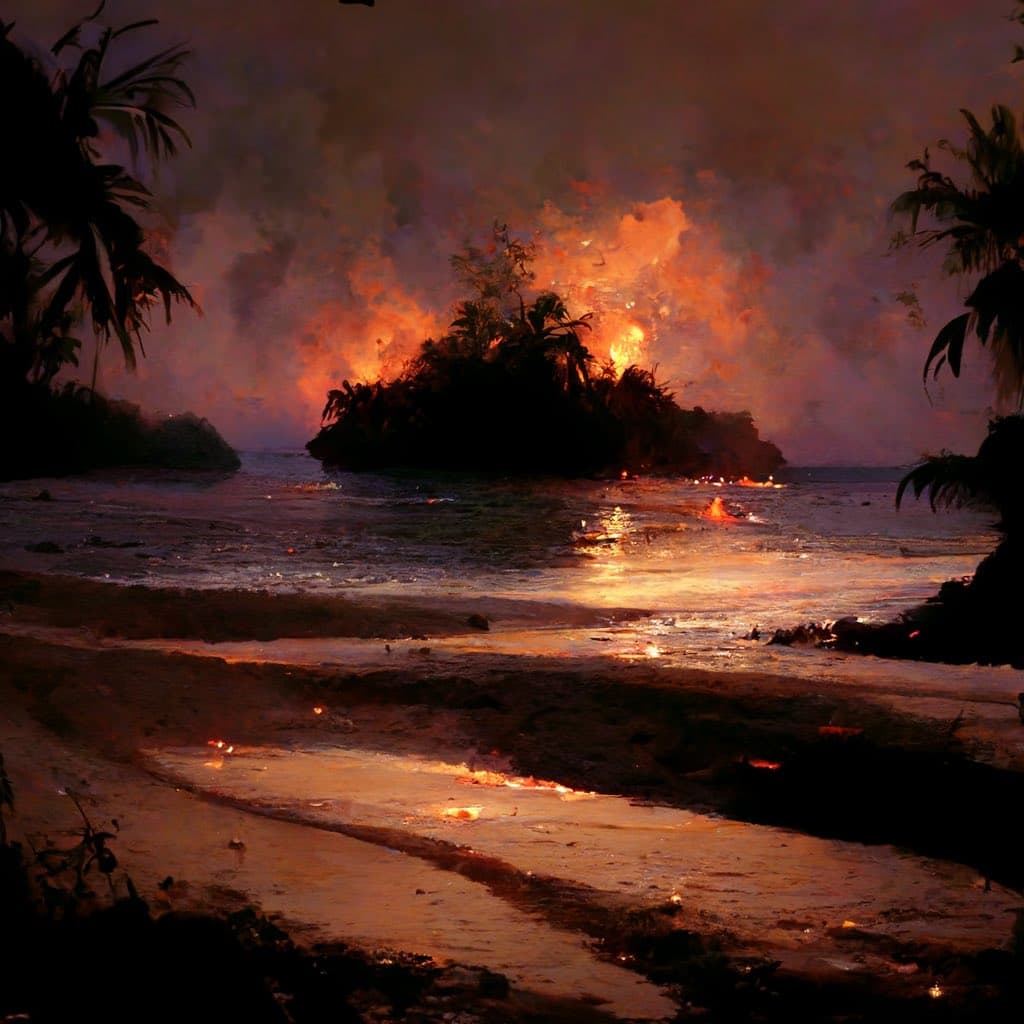 A digital painting depicting a tropical beach at night, featuring a small island engulfed in bright orange flames and smoke. The fire reflects on the water and sand, with silhouetted palm trees framing the scene.
