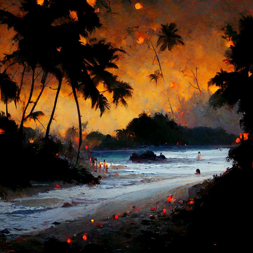 A digital painting of a tropical beach at sunset, featuring silhouetted palm trees, a glowing orange sky, and small figures in the water.