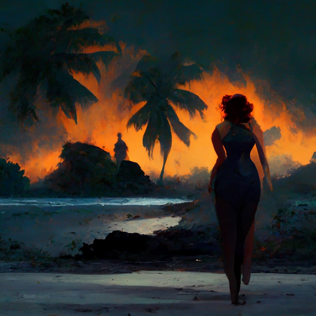 A digital painting depicting a woman in a dark dress walking away from the viewer on a beach at night, with a large fire burning in the background behind palm trees. The scene is illuminated by the orange glow of the flames, creating a dramatic and moody atmosphere.
