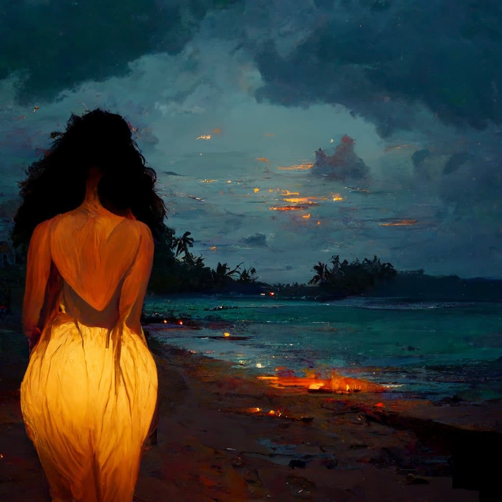 A digital painting of a woman with long dark hair, seen from behind, wearing a flowing yellow dress as she stands on a beach at dusk. She faces a calm, turquoise sea under a dramatic, cloudy sky with warm sunset reflections on the water.