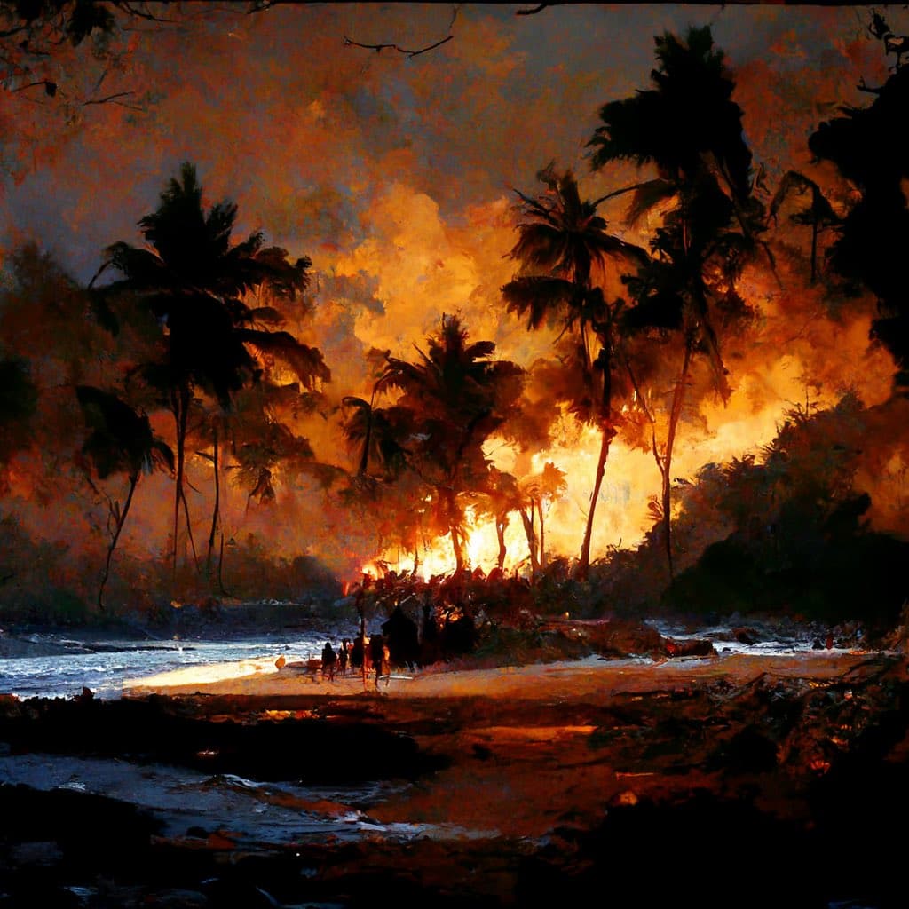 A digital painting depicting a dramatic scene of a large fire engulfing a tropical forest with palm trees, viewed from a beach at night. The bright orange flames illuminate the sky and reflect on the water, while silhouetted figures stand on the shore observing the blaze.