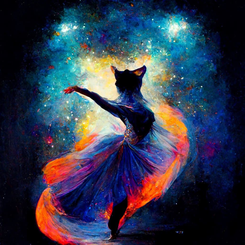A digital painting depicts a silhouette of a cat with a human dancer's body, wearing a flowing, colorful dress and performing a ballet pose against a vibrant, cosmic background of blue, orange, and yellow hues.