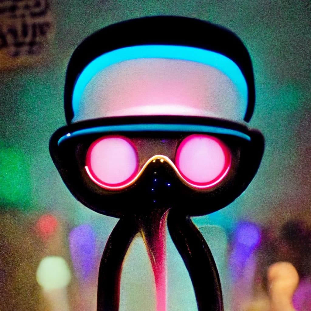 A close-up photograph of a stylized, glowing robot or character head with large pink circular eyes and a blue headband, set against a colorful, blurred background. The image has a grainy, low-light aesthetic typical of a nighttime event or concert.