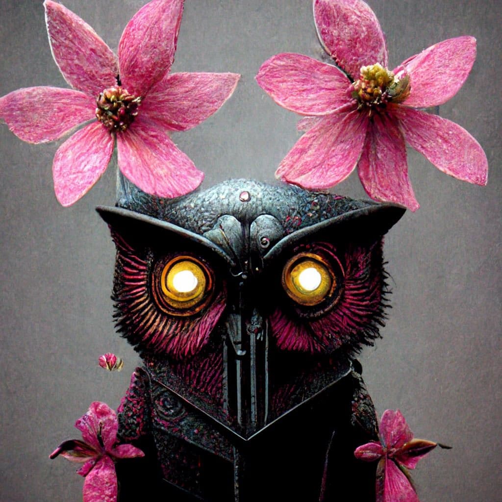 A close-up photograph of a dark, textured owl sculpture with glowing yellow eyes, adorned with pink flowers on its head and shoulders against a gray background.