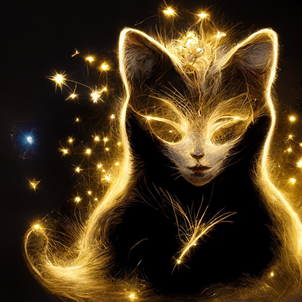 A digital artwork depicting a cat with a human-like face, illuminated by glowing golden light and surrounded by sparkling particles against a black background.