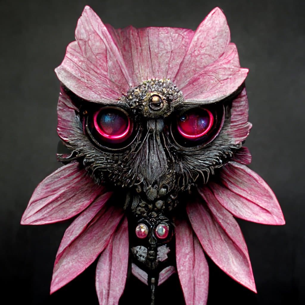 A close-up photograph of a fantastical owl sculpture featuring large, glowing red eyes and a body made of dark, textured material. The owl is framed by large, pink flower petals that resemble wings and a crest, set against a dark background.