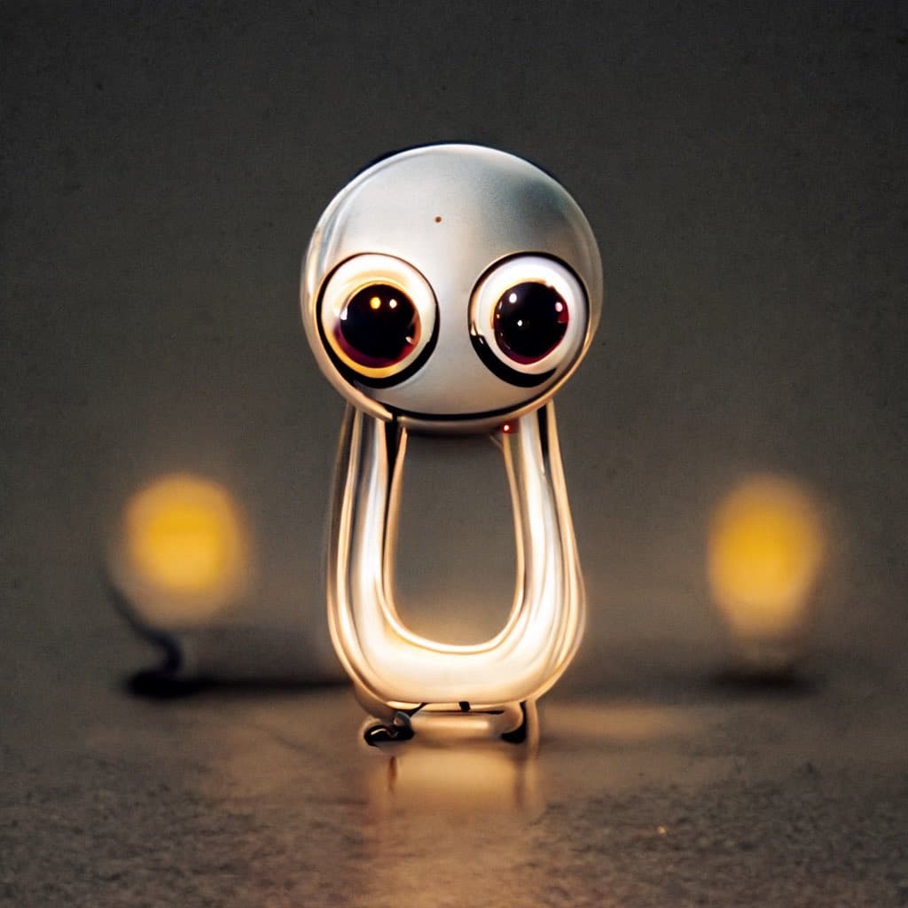 A small, shiny silver robot with large, expressive eyes and a U-shaped body stands on a reflective surface. Two blurred, glowing yellow orbs are visible in the background against a dark, neutral backdrop.