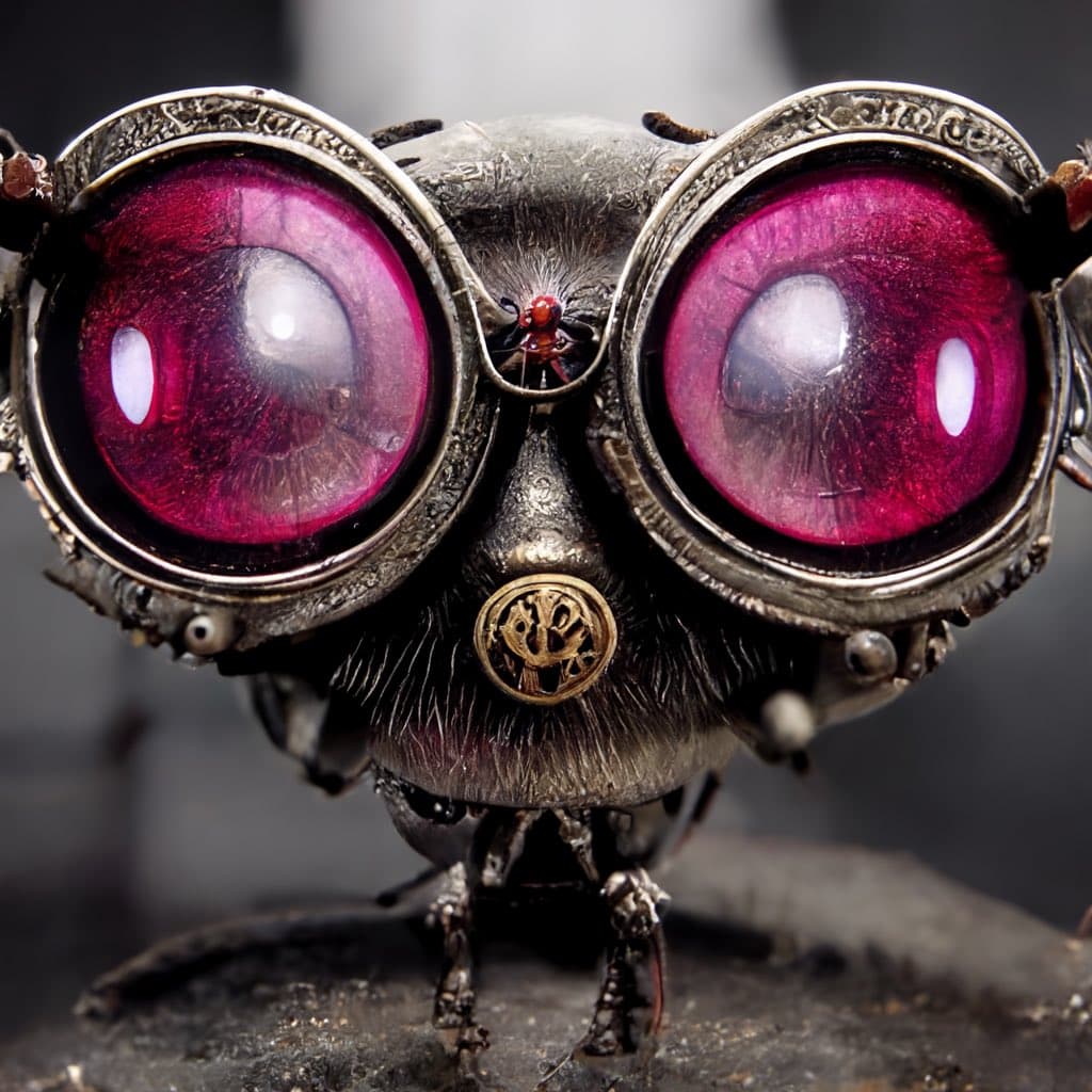 A close-up photograph of a steampunk-style insect sculpture featuring large, round, magenta-colored eyes set in ornate silver frames, a small red jewel for a nose, and a gold emblem on its chest.