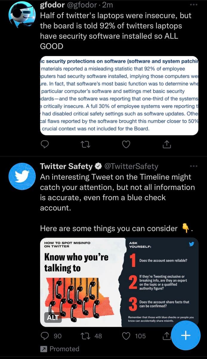 A screenshot of a Twitter conversation where user @gfodor posts a claim about Twitter's laptop security, which is then fact-checked by the official @TwitterSafety account. The reply includes an infographic titled 'How to Spot Misinfo on Twitter' with tips on verifying sources.