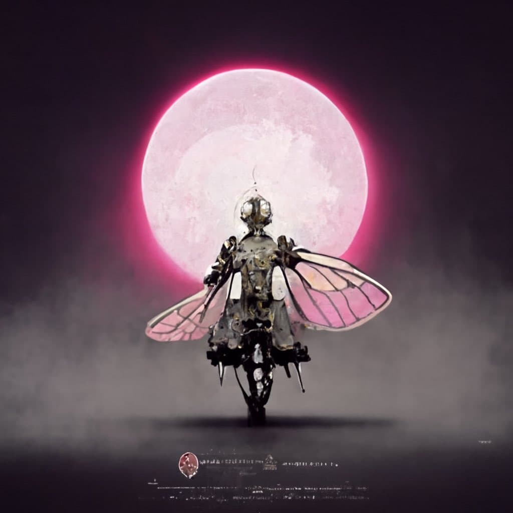 A digital artwork depicting a metallic, insect-like figure with pink and white wings standing in a misty, dark landscape. A large, glowing pink moon serves as a backdrop behind the figure.