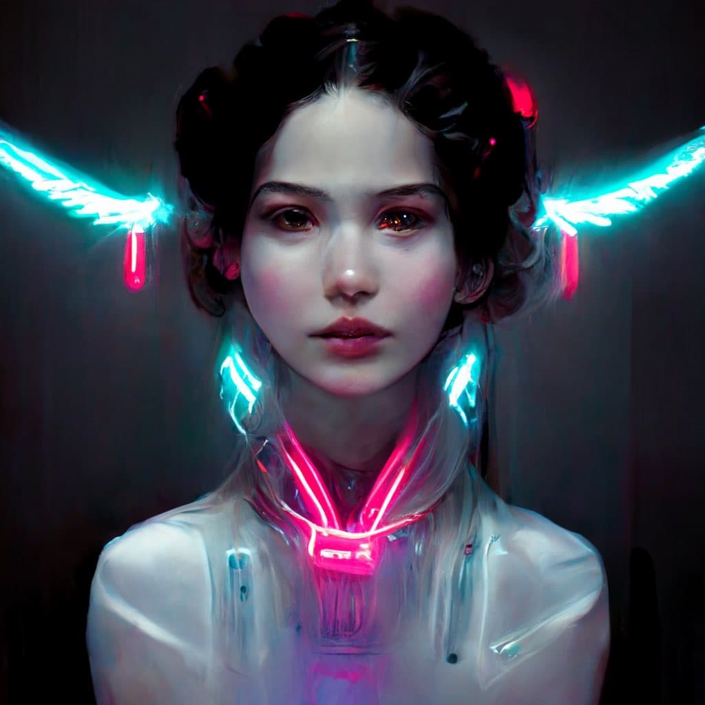 A digital art portrait of a person with dark hair in a bun, featuring glowing neon blue and pink lights around their head and neck. The image has a futuristic, cyberpunk aesthetic with a dark background. The person is wearing a white top and has a neutral expression.