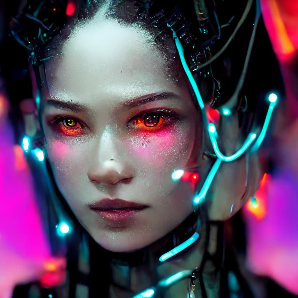 A close-up, cyberpunk-style portrait of a person with glowing orange eyes and neon blue and red lights integrated into their hair and face. The image has a futuristic, digital aesthetic with vibrant pink and purple background lighting.