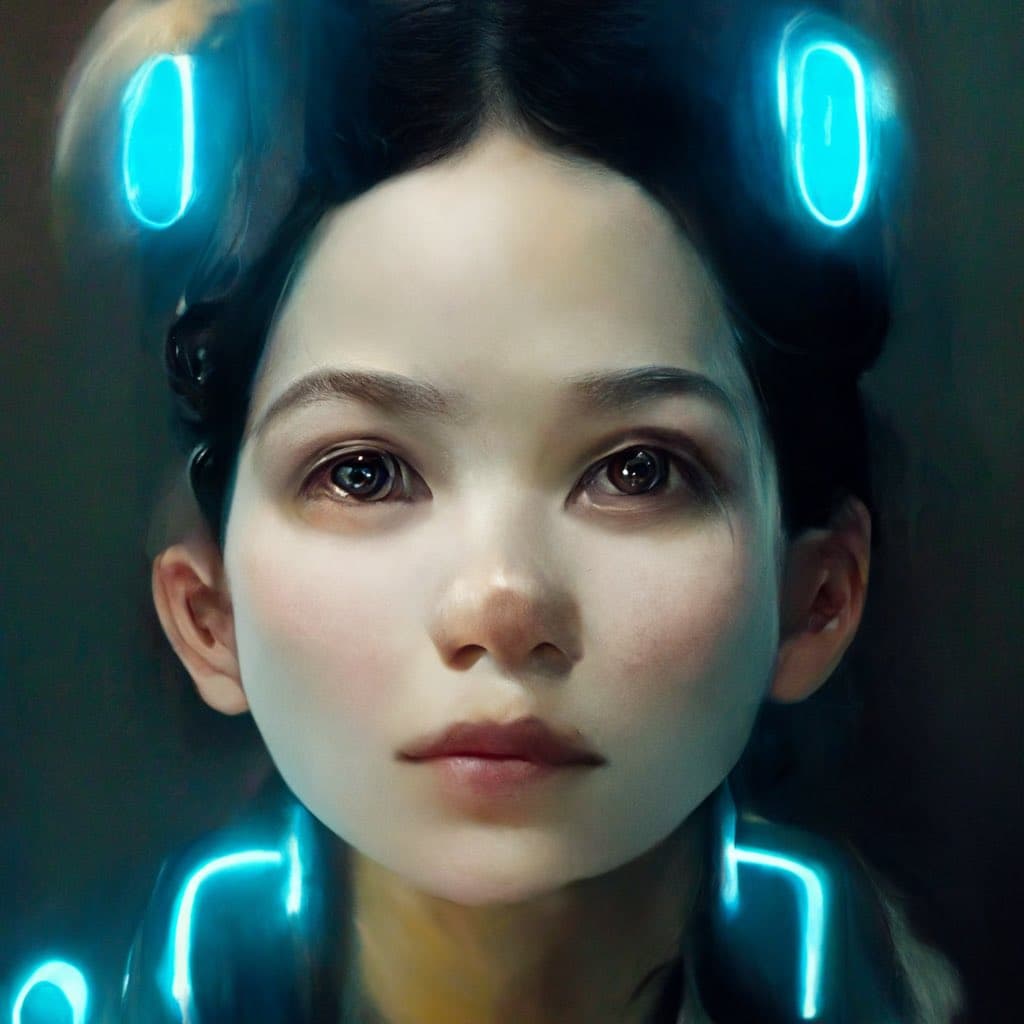 A digital portrait of a young person with dark hair, featuring glowing blue neon lights integrated into their hair and clothing. The image has a futuristic, cyberpunk aesthetic with a dark background.