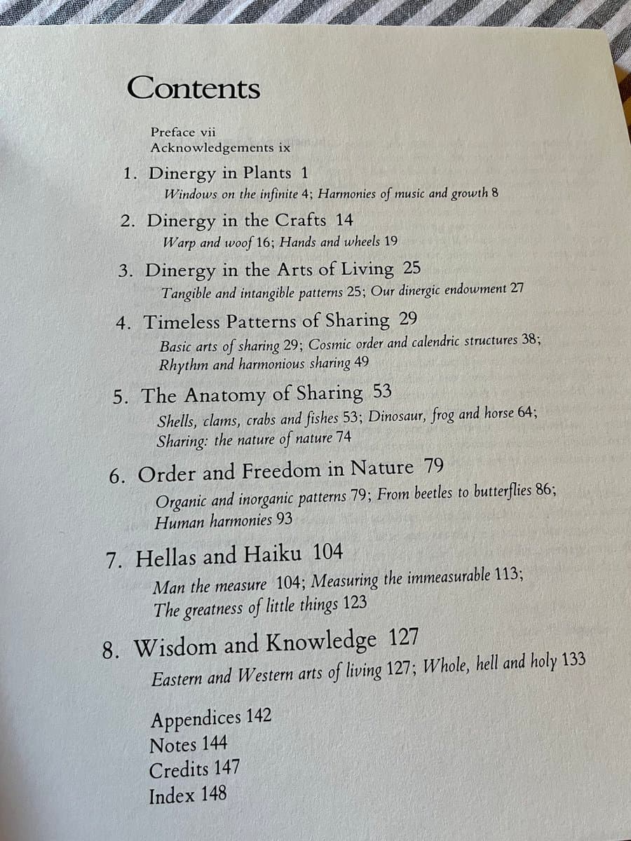 A photograph of a book's table of contents page, showing a list of chapters and their corresponding page numbers. The text is printed in black on a white background.