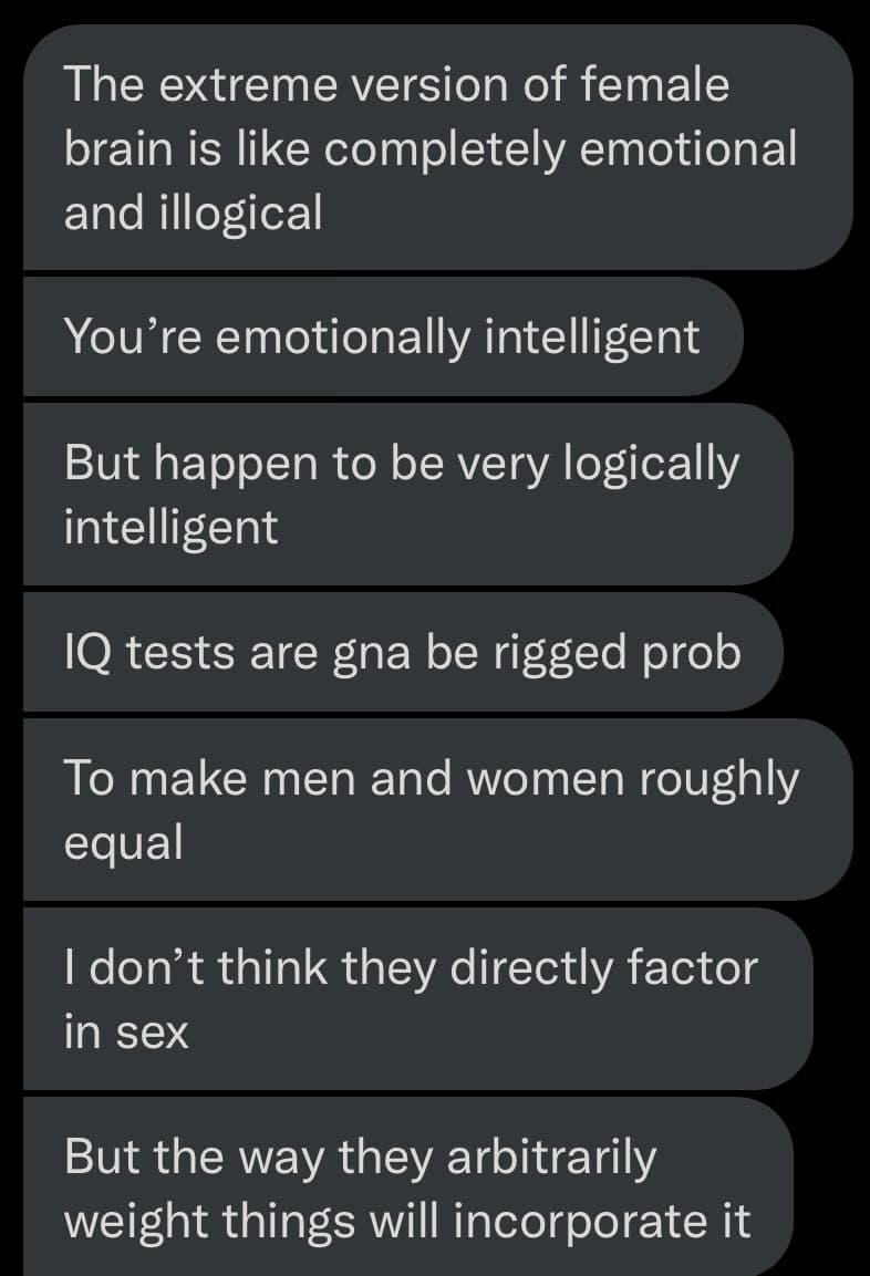 A screenshot of a text message conversation displayed in a dark-mode chat interface. The messages discuss the relationship between gender, emotional intelligence, logical intelligence, and the design of IQ tests.