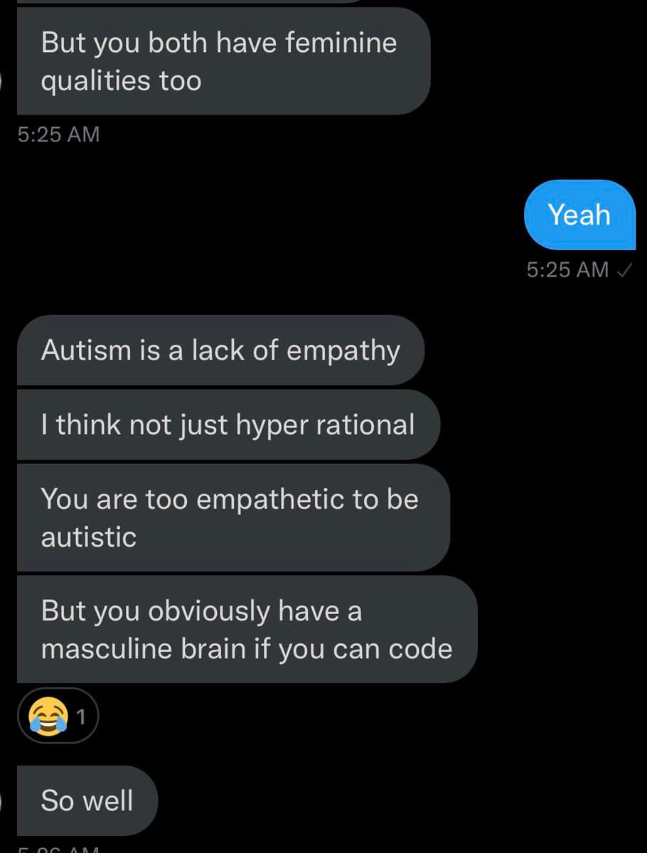 A screenshot of a text message conversation on a dark-mode phone interface. The messages discuss autism, empathy, and gendered brain traits in the context of coding.