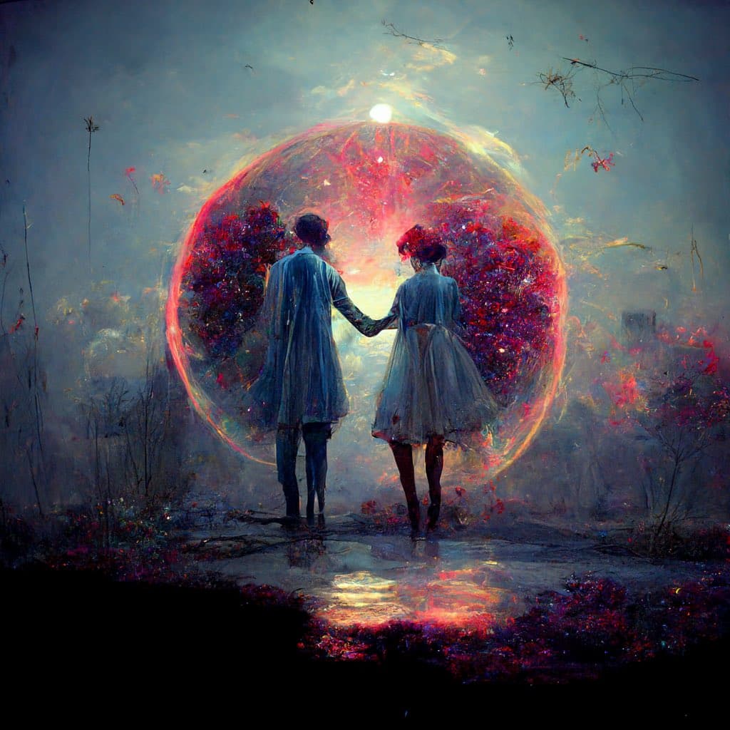 A digital painting depicts two figures in light blue dresses standing with their backs to the viewer, holding hands in front of a large, glowing red and orange orb. The scene is set in a misty, dreamlike landscape with sparse vegetation and a reflective ground.