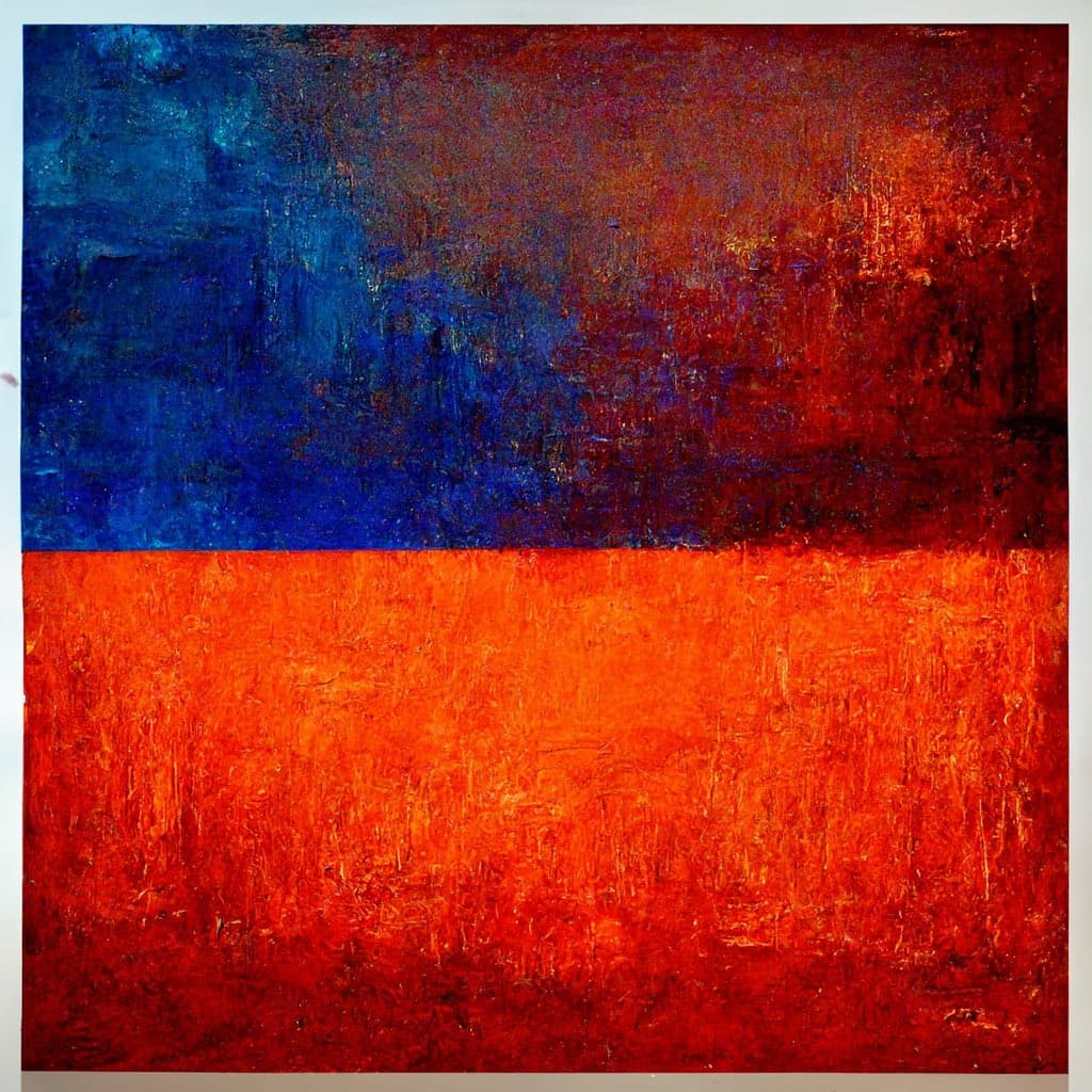 An abstract painting featuring a textured, horizontal composition divided into two main sections: a top half blending deep blue and dark red hues, and a bottom half dominated by vibrant orange and red tones.