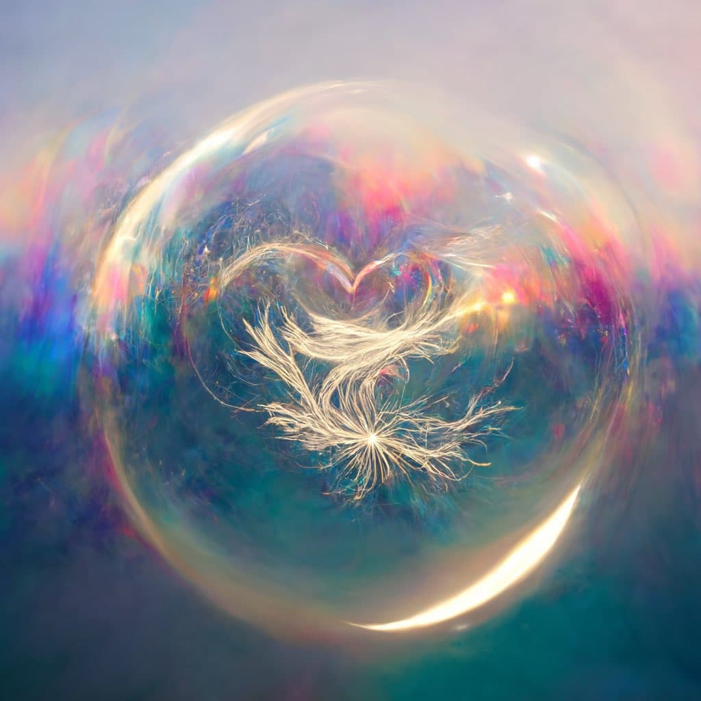 A close-up photograph of a translucent soap bubble containing a delicate dandelion seed head, with the seeds arranged to form a heart shape. The bubble reflects iridescent rainbow colors against a soft, blurred background of blue and pink hues.