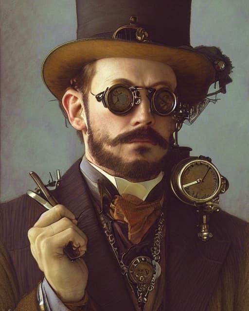 A digital painting of a bearded man in steampunk attire, wearing a top hat, round goggles, and a suit with a pocket watch and chains. He holds a pair of pliers in his right hand.