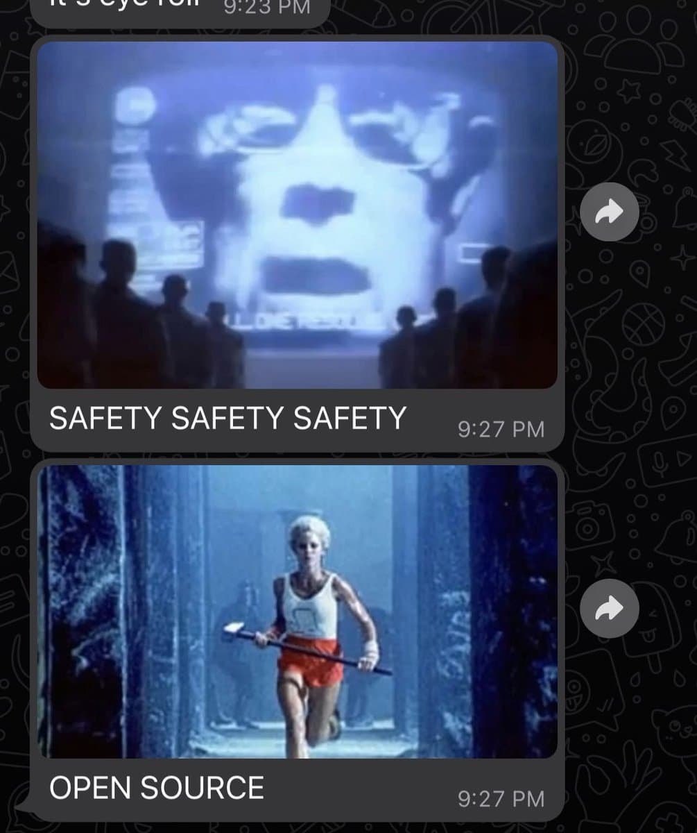 A screenshot of a two-panel meme using scenes from the movie 'The Matrix'. The top panel shows a large, glowing face on a screen with the caption 'SAFETY SAFETY SAFETY', while the bottom panel shows a character running with the caption 'OPEN SOURCE'.