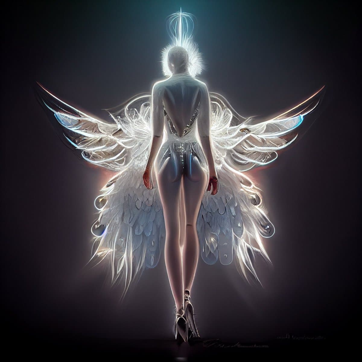 A digital artwork depicting a figure from behind, wearing a white bodysuit and large, glowing white feathered wings against a dark background. The figure has a radiant, halo-like light emanating from their head.