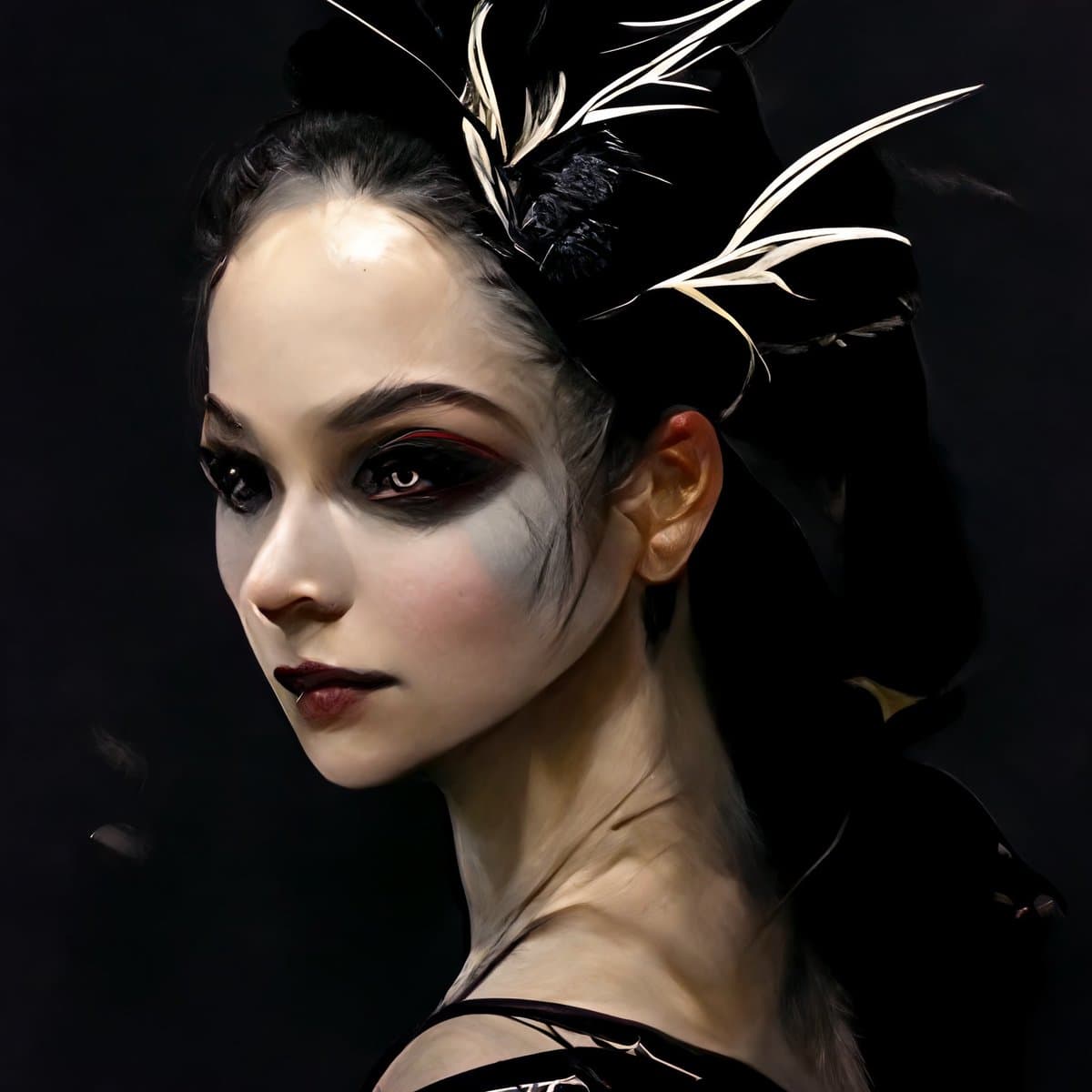 A dramatic portrait of a person with pale, theatrical makeup, dark red lips, and black-and-white feathered headwear, set against a black background. The image has a stylized, digital-art aesthetic.