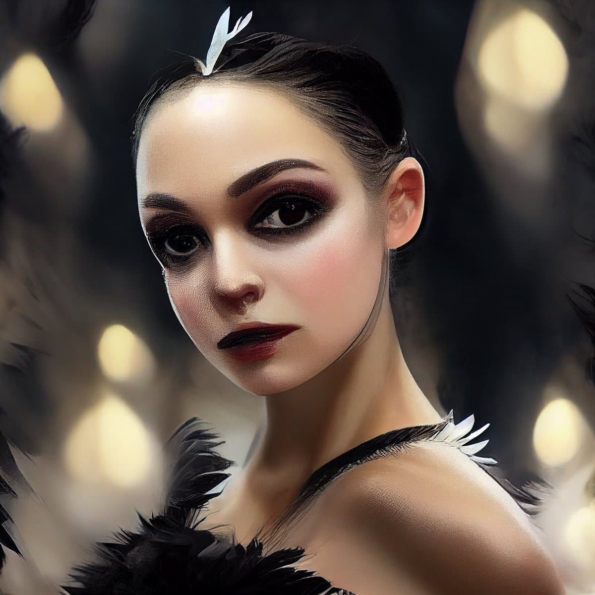 A digital painting of a woman with dark hair pulled back, wearing dramatic dark eye makeup and red lipstick, adorned with black and white feathers on her head and shoulders. The background features soft, out-of-focus golden lights against a dark setting.