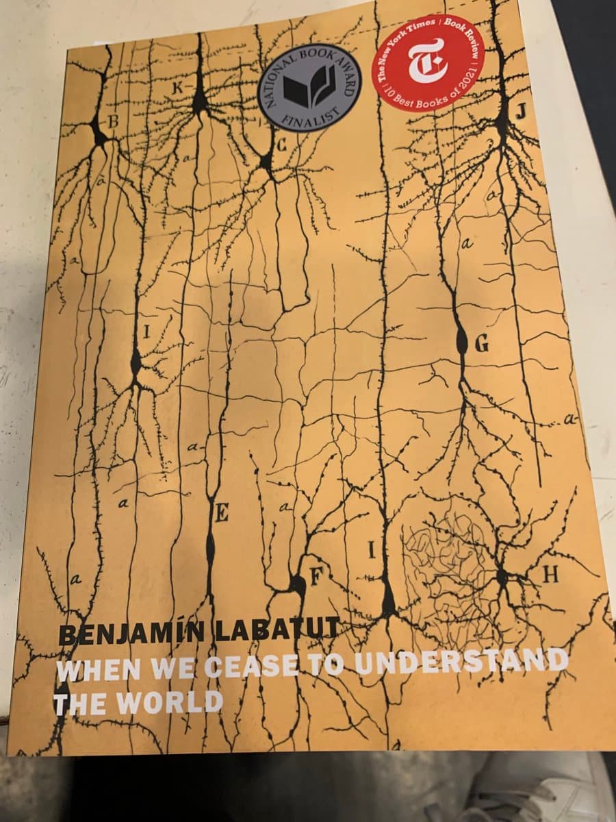 A photograph of the book cover for 'When We Cease to Understand the World' by Benjamín Labatut, featuring a tan background with a black, vein-like pattern and two award stickers at the top.