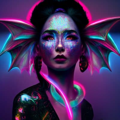 A digital artwork depicting a person with dark hair, glowing eyes, and iridescent, holographic skin, featuring large, colorful bat-like wings and a neon snake wrapped around their neck. The image has a vibrant, cyberpunk aesthetic with pink, blue, and purple lighting. The person is wearing dark, patterned clothing and large earrings.